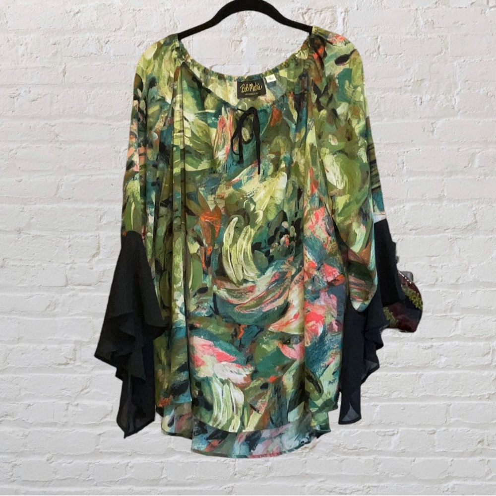 Bob Mackie Floral Print Bell Sleeve Tie Front Tunic ~ Size XL